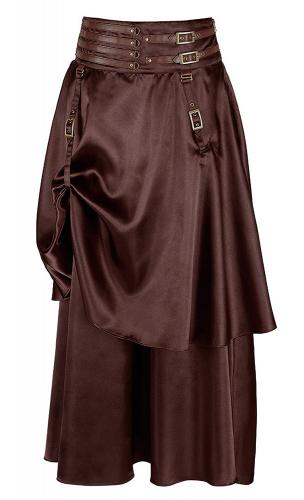 Long satin steampunk brown skirt with straps and 2 ruffles