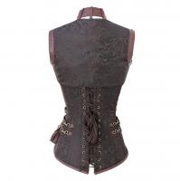 Corset marron steampunk avec attaches, sangles, bolro, ceinture avec pochettes.