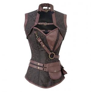 steampunk brown corset with fasteners, straps, bolero, belt with pockets.