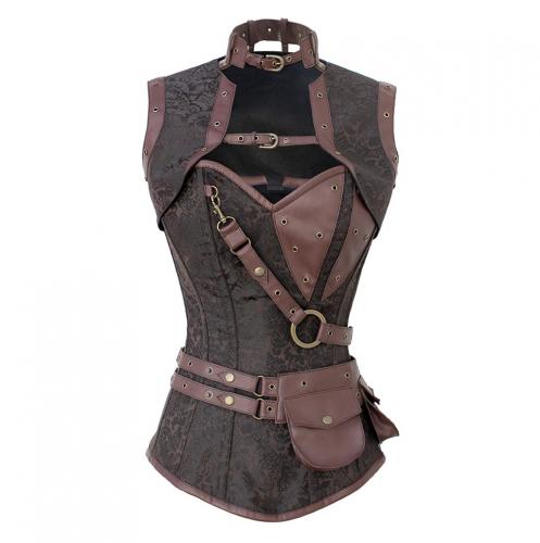 steampunk brown corset with fasteners, straps, bolero, belt with pockets.