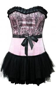 Black and pink corset flower pattern with bow on waistline and black skirt