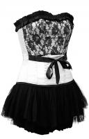 Black and white corset flower pattern with bow on waistline and black skirt