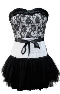 Black and white corset flower pattern with bow on waistline and black skirt