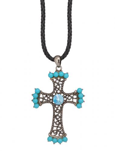 Pendentif croix fantasy bleue