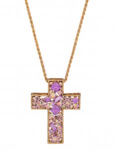 Pendentif croix dore et pierres violettes