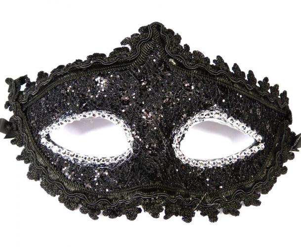Masque masquerade noir, ornement et paillettes noires