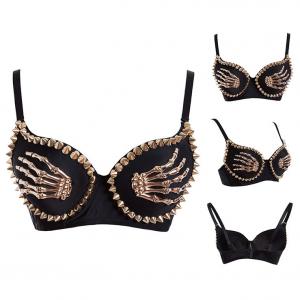 Black bra with gold spike and skeleton hands in 3D