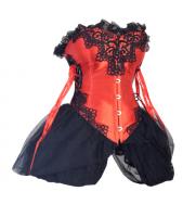 Red satin corset with black lace and red ribbon burlesque