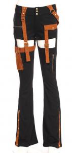 Black pants with brown velvet effect straps and pockets Steampunk RQBL
