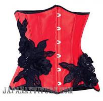 High fashion red satin underbust corset with black flower embroidery