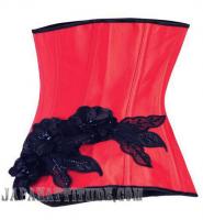 Serre taille corset satin rouge haute couture avec broderie fleurs noires