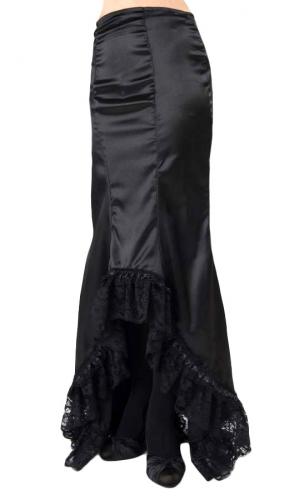 Long Amara black satin skirt with lace trim