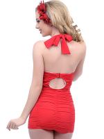 Red One Piece Vintage pin-up Swimsuit Neck Halter Ruffle Swimwear