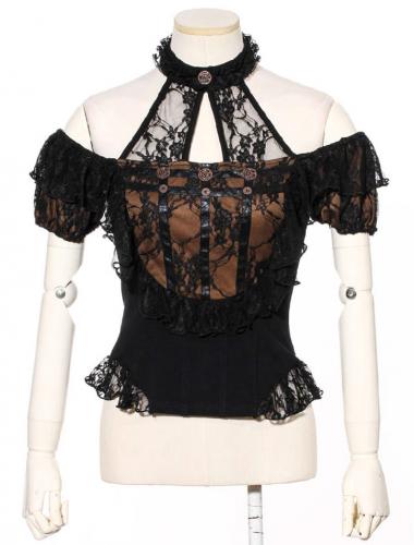 Black and brown steampunk top with bare shoulders, lace and choker RQBL