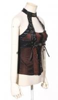 Brown and black steampunk top with neck straps, lace-up and gears RQBL