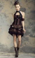 Brown and black steampunk top with neck straps, lace-up and gears RQBL