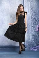 Longue robe noire lolita volants motif paon dentelle lgant gothique