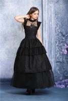 Long black dress lolita ruffles peacock pattern lace elegant gothic
