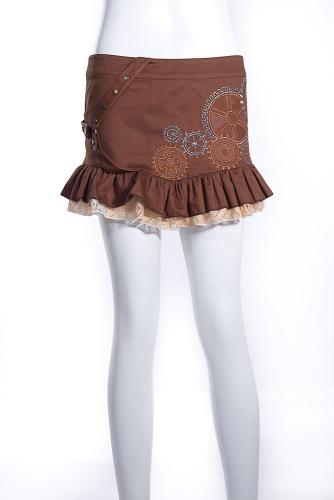 Short brown cream skirt embroidered gears, lace rustles steampunk