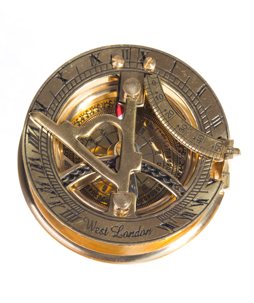 Little sundial with compass golden and italic writing steampunk retro chic