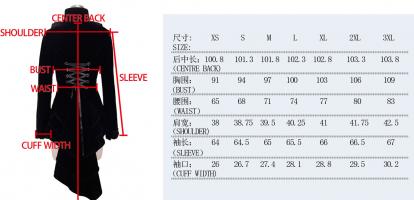 Veste victorienne lgante en velour avec queue, broche et laage Size Chart