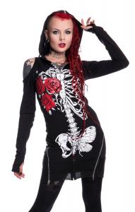 Top black hooded jacket with zip, skeleton and roses Vixxsin