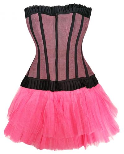 Pink corset with black frilly and short pink skirt