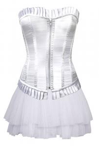 White corset with frilly, zip and short pink skirt