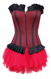 Red corset with black frilly, zip and short pink skirt