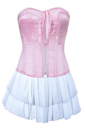 Pink overbust corset with zip, flow and short white skirt