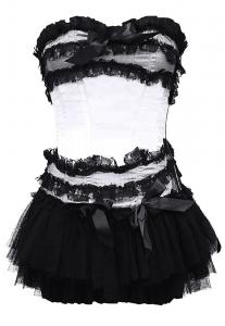 White overbust corset with black lace and short tulle skirt