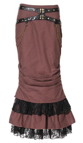 Long black steampunk mermaid skirt with brown lace and chains RQBL
