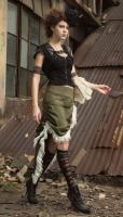 Steampunk asymetrical khaki skirt with white lace ruffles, cleft slashed side