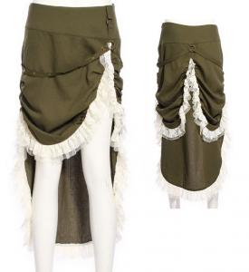 Steampunk asymetrical khaki skirt with white lace ruffles, cleft slashed side