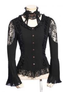 Black shirt with lace ruffles and yokes, ornated collar with gears Steampunk