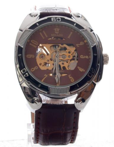 Silver and black sporty automatic watch with brown bracelet, golden gears Stephen