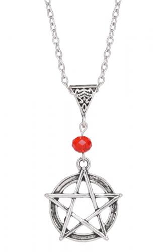 Silvery necklace with pentagram pendant and red pearl, vintage gothic occult