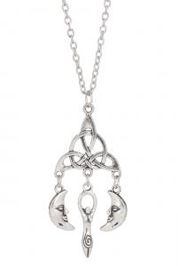 Silvery necklace with triquetra and moon crescents, occult vintage gothic
