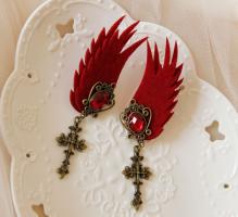 Boucles d\'oreilles  clips ailes d\'ange rouge et bronze, fantaisie gothique