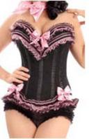 Black corset, fancy lace in pink and bows