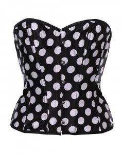 Black satin corset with white weights, retro pinup