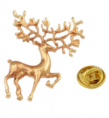 Thin shiny golden pin brooch deer shaped with big antlers, vintage aristocrat