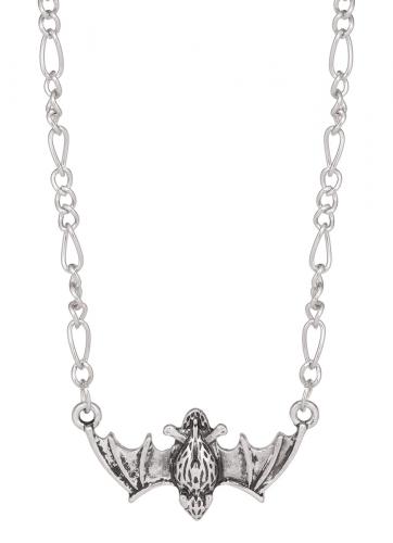Silvery necklace with small spread wings bat pendant, gothic halloween vampire