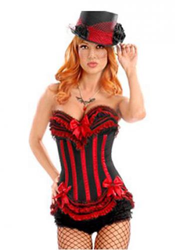 Burlesque black and red corset with lace and bow