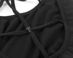Short black dress neckline harness effect, inverted cross on the back, punk casual go