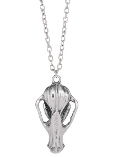 Silvery necklace with animal skull pendant, prehistoric occult gothic vintage
