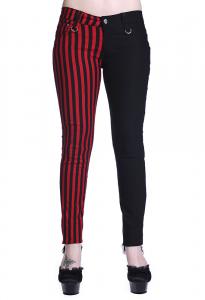 Pantalon original une jambe noire, une jambe  rayures rouges rock gothique Banned