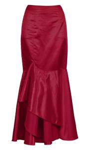 Long Cascade Ruffle red vin satin Skirt with Back Zip Opening, evening outfit, cocktail