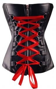 Black faux leather overbust Corset with red lacing and zip on the front, gothic punk rock