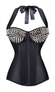 Black satin overbust corset with picks and neck suspenders, cyber gothic punk rock